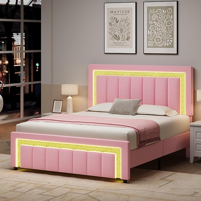 HOMBCK Queen Bed Frame with LED Lights and Velvet Upholstered Headboard, Bed Frame Queen Size with Modern Diamond Headboard Adjustable, Wooden Slats Support, Noise Free, No Box Spring Needed, Pink