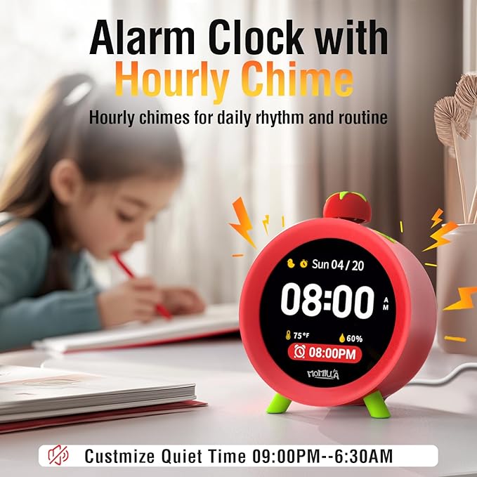 MOMILLA Kids Alarm Clock for Bedrooms, Colorful Display 7-Day Programmable 4 Alarms, Easy Visual Timer with White Noise, Cute Small Digital Clock, Gifts for Girls Boys Adults, Loud for Heavy Sleepers