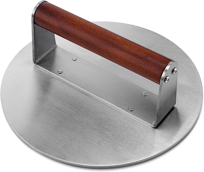 Stainless Steel Burger Press, 8.5" NonStick Hamburger Smasher Tool & Grill Press, 2.5 lbs Heavy Duty Bacon with Wood Handle for Blackstone Camp Chef Pitboss Weber Griddle Grills(Round)