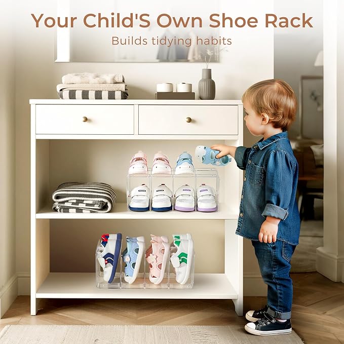 4 Pack Clear Acrylic Kids Shoe Rack for Closet Organizers and Storaget, Baby Shoe Storage Small Shoe Rack 4 Sections Kids Shoe Organizer Stackable,Desk File Sorter Book Purse Organizer