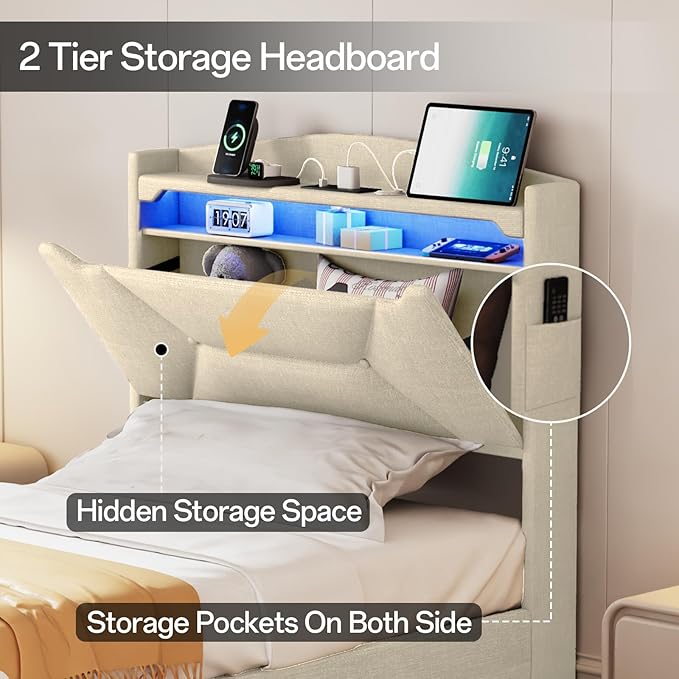 Twin Bed Frame, Twin Bed Frames with Storage Headboard, Upholstered Twin Size Bed Frame with Drawers, Charging Station and LED Lights, Easy Assembly, Beige
