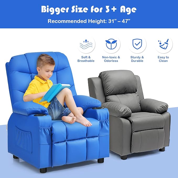 GLACER Kids Recliner Chair w/Cup Holder & Side Pockets, Children Recliner w/Comfortable Backrest, Armrests & Footrest, Toddler PU Leather Recliner for Boys Girls, 3+ Age Group (Blue)
