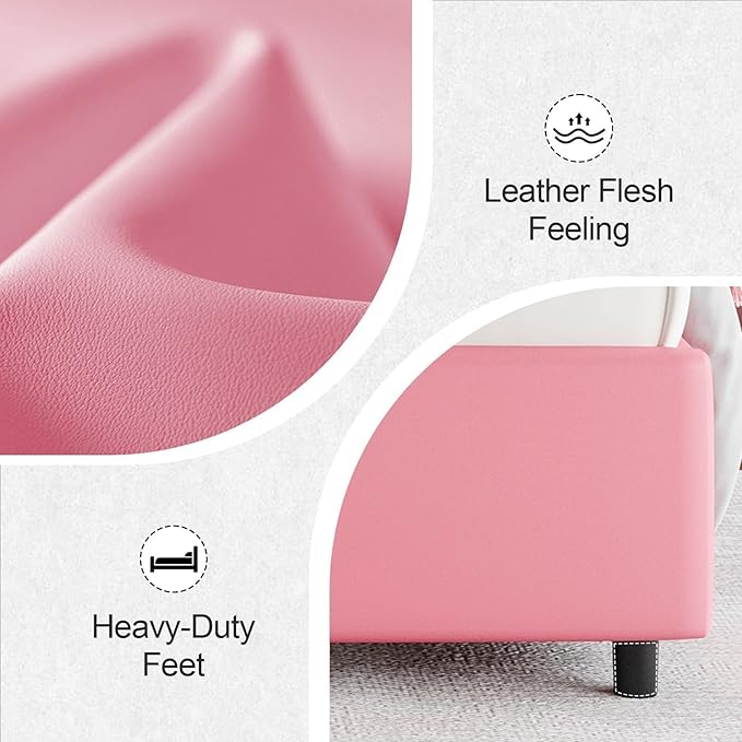 Pink Full Size Bed Frame with LED Lights, Faux Leather Upholstered Platform with Silver Wingback Headboard, Modern Style, No Box Spring Needed, Easy Assembly