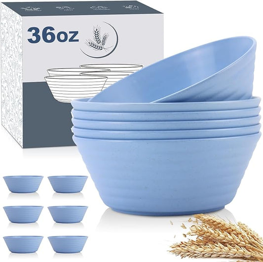Wheat Straw Bowl Sets,6 PCS Unbreakable Cereal Bowl 36 OZ,Microwave and Dishwasher Safe Bowls,Kitchen Bowls for Serving Soup,Oatmeal and Salad (Sky Blue)