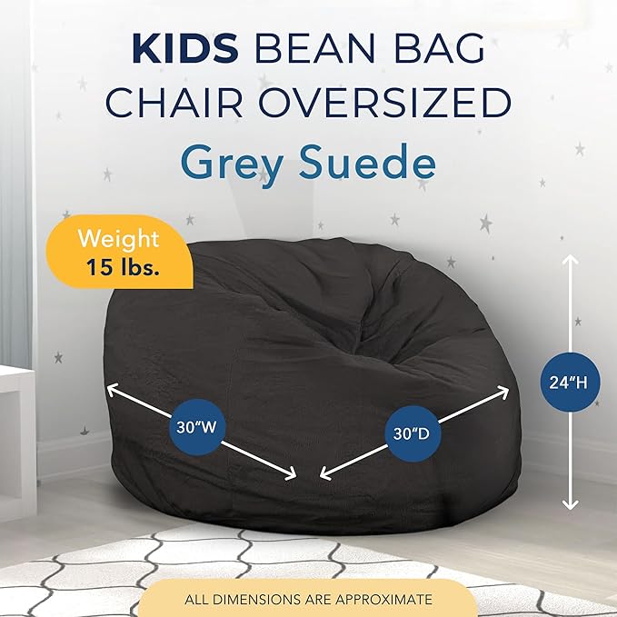 ULTIMATE SACK Kids Bean Bag Chair, Oversize Bean Bag Chair for Adults, Comfy Chair Bean Bag Couch Lounge Sofa Loveseat Furniture | Grey Suede