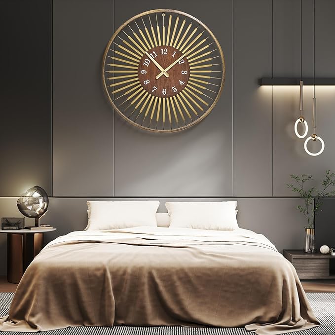 24 Inch Mid-Century Modern Wall Clock, Round Frame Metal Design with Walnut Wood Center, Silent Quartz Movement, Gold-Tone Accents – Decorative Wall Clock for Living Room, Bedroom, and Office