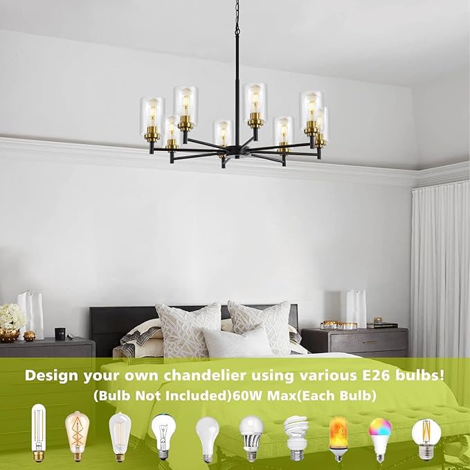 9MMML 8 Lights Black and Gold Chandelier, Modern Glass Ceiling Chandelier Light Fixture, Large Ceiling Hanging Light for Dining Room, Living Room, Bedroom, Kitchen, Over Table, Foyer, E26 Base