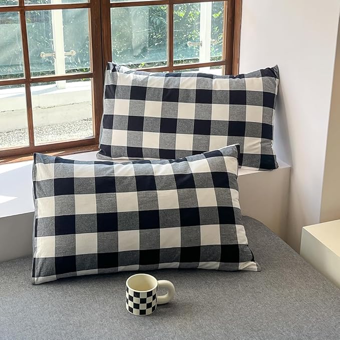 FACE TWO FACE Bedding Duvet Cover Set100% Washed Cotton Duvet Cover Linen Like Textured Breathable Durable Soft Comfy (California King, Black and White Grid)