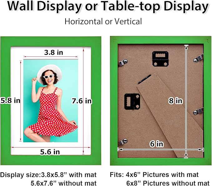 KINLINK 6x8 Picture Frame Grass Green, Solid Wood Frames with Acrylic Plexiglass for Pictures 4x6 with Mat or 6x8 without Mat, Tabletop and Wall Display Photo Frame, 4 Pack