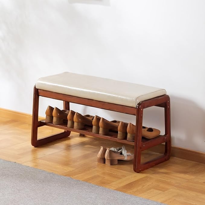 Solid Wood Shoe Bench, 2-Tier Wooden Entryway Bench, Modern Shoe Rack with Faux Leather Cushion for Hallway, Living Room (Gray, 31.5'')