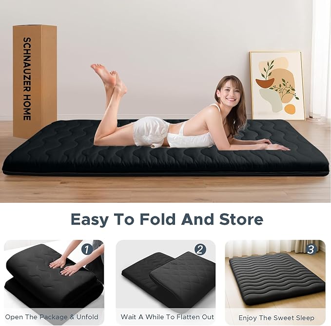 Japanese Floor Mattress, 100% High Density Comfortable Foam, 4" Thicken Foldable Mattress Tatami Mat Sleeping Pad, Ideal for Comfort and Support, Kids Floor Lounger Pillow Bed Sofa, Black, Full