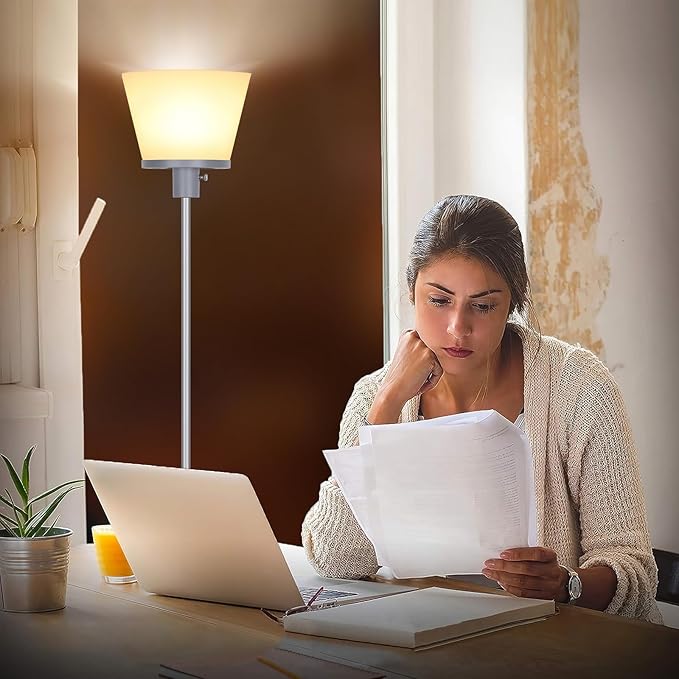 Standing Lamp for Bedroom, LED Modern Floor Lamp for Living Room Office, Sliver Tall Bright Floor Lamp with White Plastic Shade, Bulb Not Included.