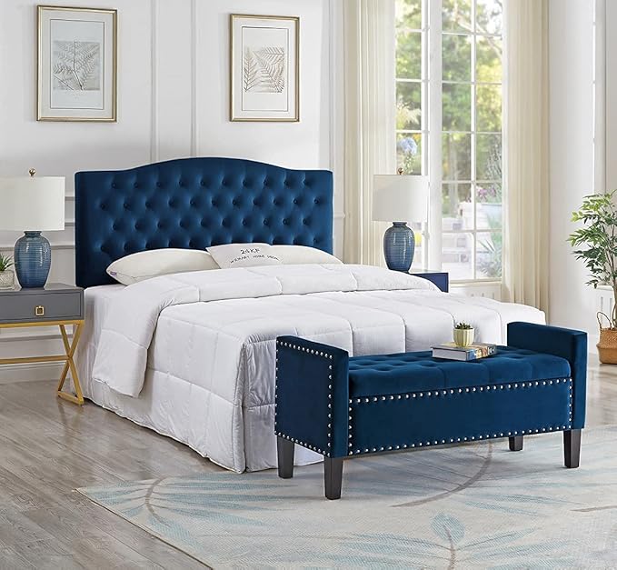 24KF Velvet Modern Upholstered Tufted Button Storage Bench with Arms for Bedroom,Entryway Living Room Soft Padded Seat-Navy