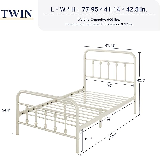 Allewie 14 Inches Twin Size Metal Platform Bed Frame with Victorian Style Iron-Art Headboard/Footboard, Mattress Foundation, Easy Assembly, Under Bed Storage, No Box Spring Required, White