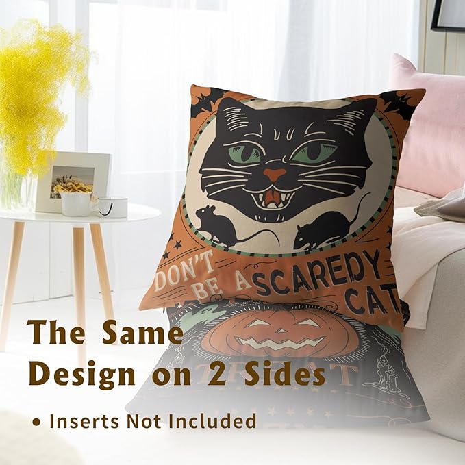 Kawani Halloween Pillow Covers 18x18 Set of 2 Vintage Halloween Decorative Scaredy Cats Pumpkins Trick Or Treat Throw Pillow Covers Farmhouse Pillowcases Cotton Cushion Cover Couch Bed Sofa Chair BZ