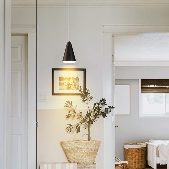 Black Plug In Pendant Light,Hanging Lights With Plug In Cord On/Off Switch, Mini Pendant Lights for Kitchen Island,Modern Farmhouse Pendant Light Fixture with Metal Shade,Hanging Lamps for Bedroom