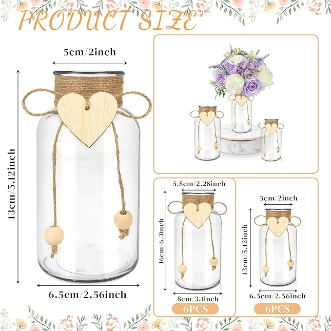 Vintage Glass Vases for Flowers, Set of 6 Mason Jar Vase Table Centerpieces for Farmhouse Room Decor, Wedding, Bridal Shower Bud Vase Set (Small)