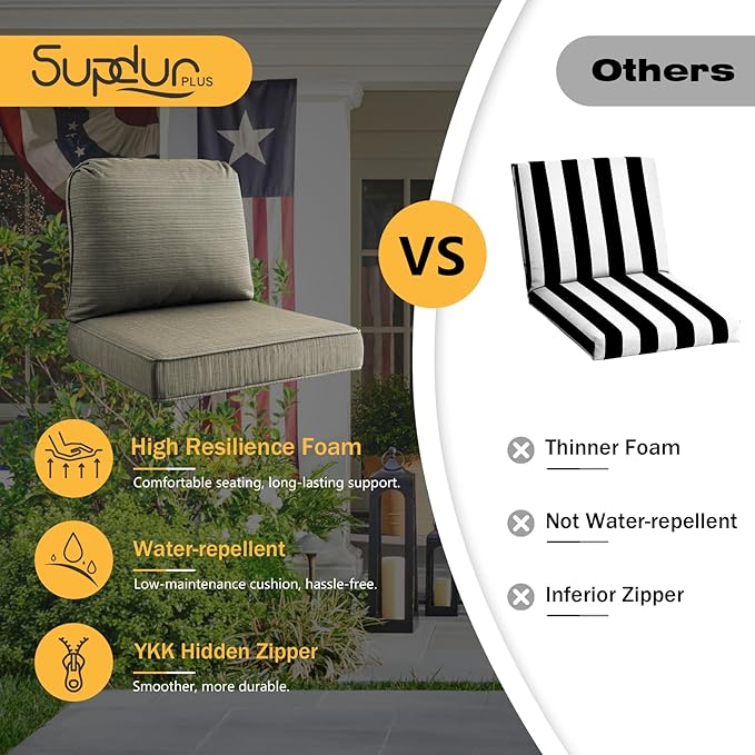 Outdoor Cushions for Patio Furniture Set of 2, 24"x24" Water Repellent Chair Cushions Removable Seat Bottom & Back Cushion Covers for Chair, Sofa, Couch, Dark Black Tan Stripe