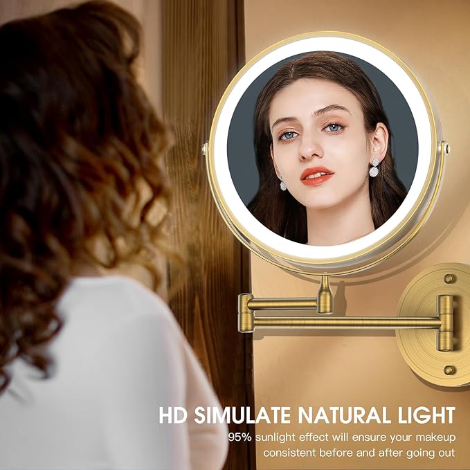 Wall Mounted Lighted Makeup Mirror,8" Rechargeable Double-Sided Light up Magnifying Mirror 1x/10x,3 Color Led Vanity Mirror with Lights,Touch Dimmable 360° Rotation-Antique Bronze