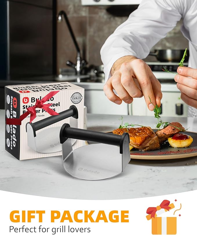 Burger Press, 6'' Round Burger Smasher for Griddle with Heat-resistant Handle, Stainless Steel Non-stick Hamburger Smasher Tool for Flat Top Griddle, Grill, BBQ, Cooking, Gift Package