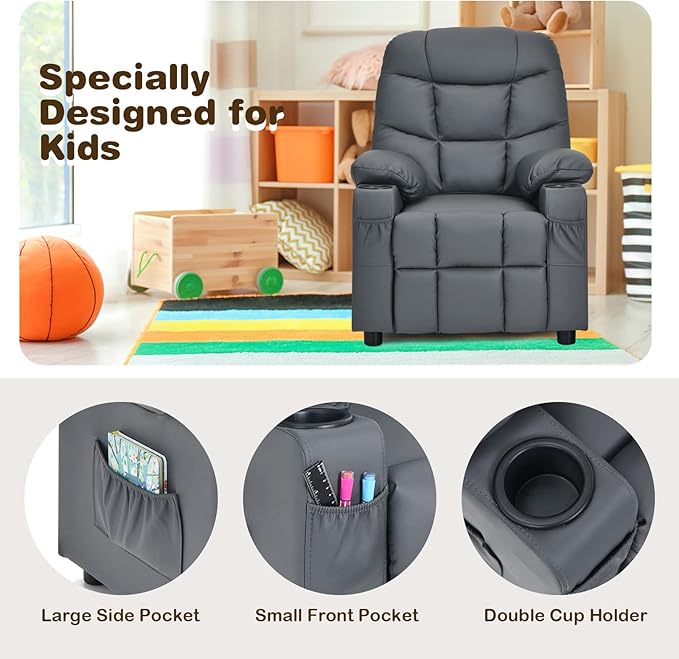 GLACER Kids Recliner Chair w/Cup Holder & Side Pockets, Children Recliner w/Comfortable Backrest, Armrests & Footrest, Toddler PU Leather Recliner for Boys Girls, 3+ Age Group (Grey)