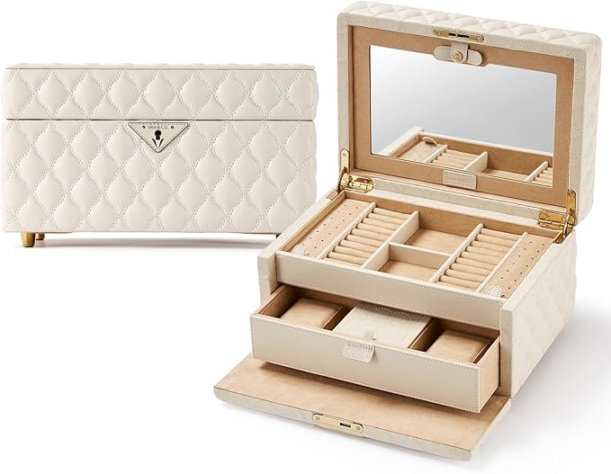 VEE&CO. Jewelry Box,Diamond Quilted Leather jewelry organizer earring holder organizer necklace organizer 2-Layer Jewelry Case with Drawers, with Key Lock,gifts for women (beige, Medium)