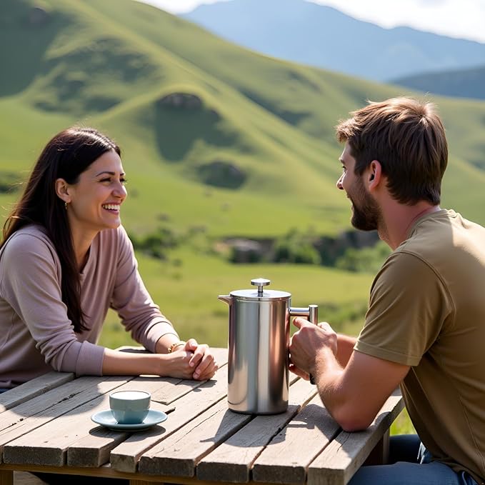 Travel French Press, 34oz Stainless Steel Coffee Press for Camping, Double Wall Insulated & No Drip Spout plastic free coffee maker