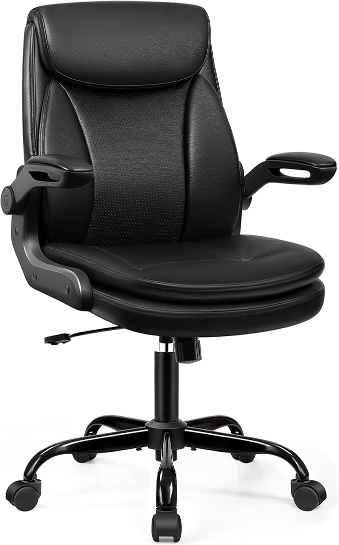 Office Chair Ergonomic Desk Chair - Premium Leather Executive Office Chairs with Lumbar Support Flip Up Armrests, Home Office Desk Chairs Computer Chair with Rocking Function Adjustable Height