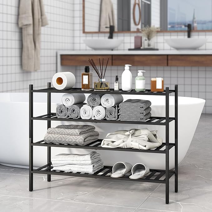 Long Shoe Rack, 4-Tier Bamboo Stackable Shoe Shelf Storage Organizer, Shoe Stand for Closet, Entryway and Hallway(Black)