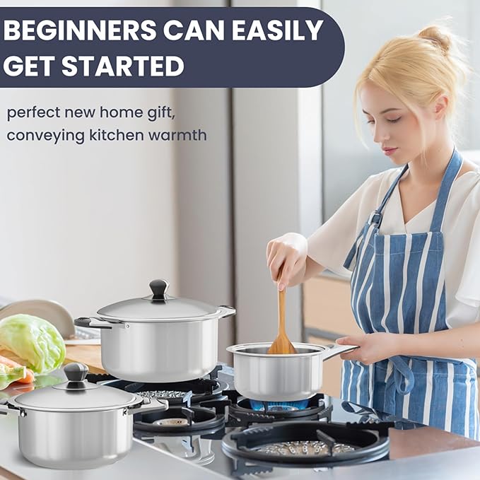 Stainless Steel Cookware Set, 12-Piece Nonstick Stainless Steel Pan Set, D5-Ply Base for Even Heating, Dishwasher Safe, Vented Glass Lids, Heavy-Duty, Especially for Home & Beginner Cooking