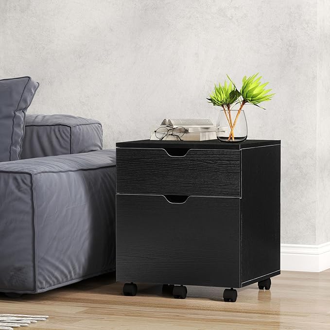 HollyHOME File Cabinet, 2 Drawers Filing Cabinet for Home Office, with Wheels, for A4, Letter Sized Documents, Hanging File Folders,Black