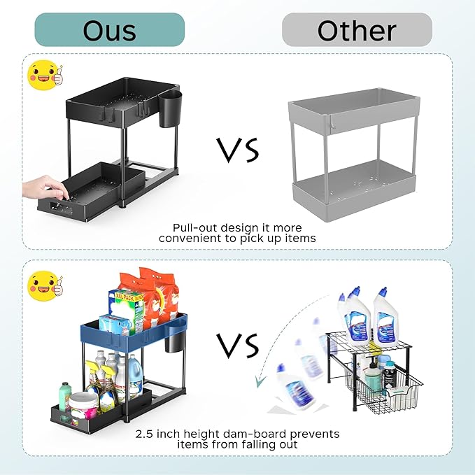 Under Sink Organizers and Storage, 2 Pack Large Capacity Heavy Load Pull-out Under Sink Shelves with Sliding Drawer for Kitchen and Bathroom, Black, 12 x 8.7 x 15.7 inch