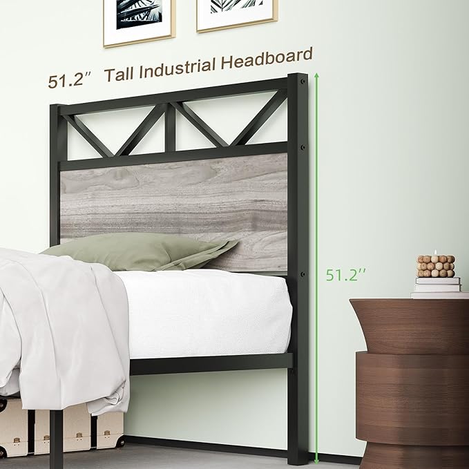 Twin Bed Frames, Bed Frame Twin Size with 51.2" Tall Industrial Headboard, Twin Platform Bed Frame with Heavy Duty Steel Slats Support, Noise Free, No Box Spring Needed, Easy Assembly, Rustic Brown