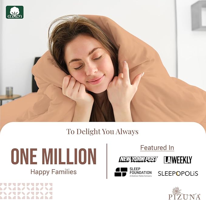 Pizuna Pure 100% Cotton Full Duvet Cover Set, Luxurious 400 Thread Count Long Staple Cotton Sateen Weave with Button Closure (Combed Peach Cotton Duvet Cover Full)