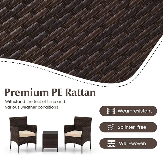 Tangkula 3 Pieces Patio Rattan Furniture Set, Outdoor Conversation Set with PE Wicker Armchairs, Tempered Glass Top Coffee Table, Soft Removable Cushions, for Porch Garden Yard Balcony (Beige)