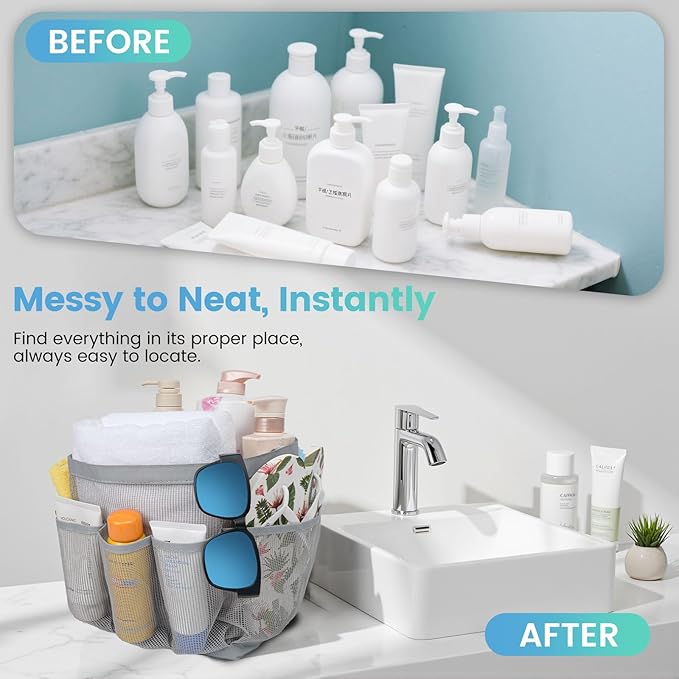 Shower Caddy Portable for College Dorm Room Essentials for Girls with 9 Pockets,Large-Capacity Shower Basket,Quick Dry Toiletry Tote Bag for Women,Outdoor Gym,Travel,Swim,Beach Camping Essentials-Grey