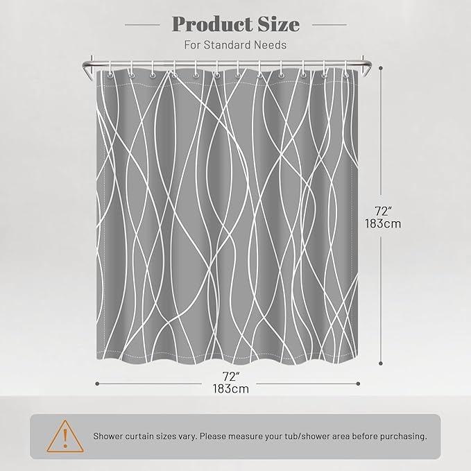 Punkray Dark Grey Shower Curtain for Bathroom with Hooks Shower Curtain Set, White Stripe Bath Curtains Decorative Shower Curtains Water Repellent Washable, 72 x 72