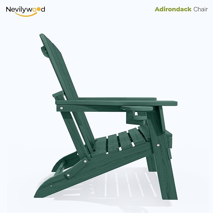 nevilywood Folding Adirondack Chair with Cup Holder Set of 4, HDPE Patio Chairs,All-Weather Outdoor Chairs for Backyard, Deck,Fire Pit-Green