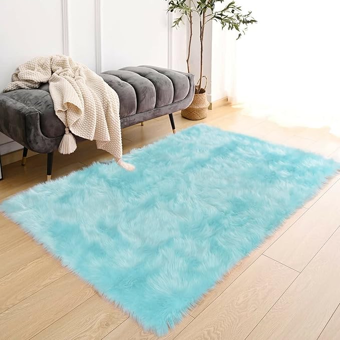Latepis Light Blue Shaggy Rugs for Bedroom 3x4 Faux Sheepskin Rug Teal Fur Rug for Living Room Fluffy Bedside Plush Boho Rugs Luxury Home Decor
