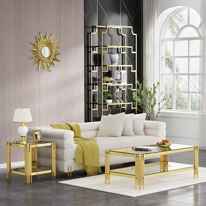 Goujxcy Glass Modern Coffee Table Set of 2 with Storage, Glass Top and Stainless Steel Frame, Living Room Table Set for Apartment Home Office