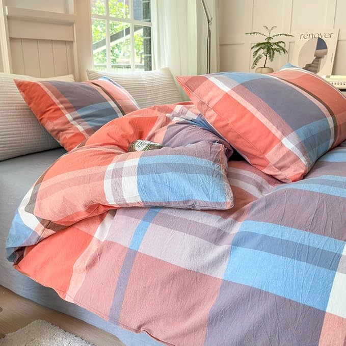 FACE TWO FACE Bedding Duvet Cover Set100% Washed Cotton Duvet Cover Linen Like Textured Breathable Durable Soft Comfy (Twin, Time Blue)