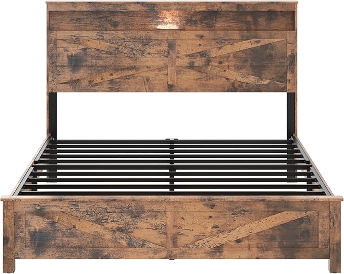 Farmhouse Wooden Bed Frame Queen Size with Storage Headboard, Boho Platform Bedframe with LED Lights and Charging Station, Metal Slats Support, No Box Spring Needed, Brown