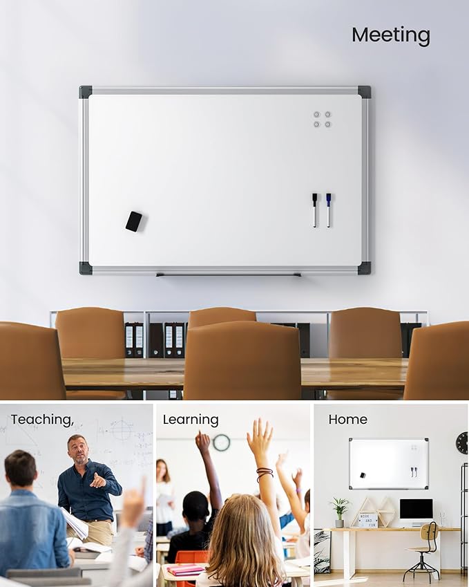 VUSIGN 2PCS Magnetic White Board Kit for Wall 36" x24", 2 Dry Eraser & 4 Multicolor Markers & 8 Magnetic Pins, Sliver Reinforced Aluminum Frame for Home, School, Office