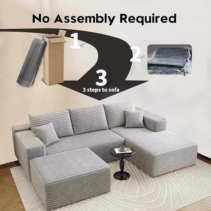 107.5" Cloud Sectional Couch with 1 Ottoman,Modern Modular Sofa with Deep Seat, Comfort U Shaped Sofa Couches for Living Room Bedroom Apartments,No Assembly Required, (Grey,Right Facing Chaise)