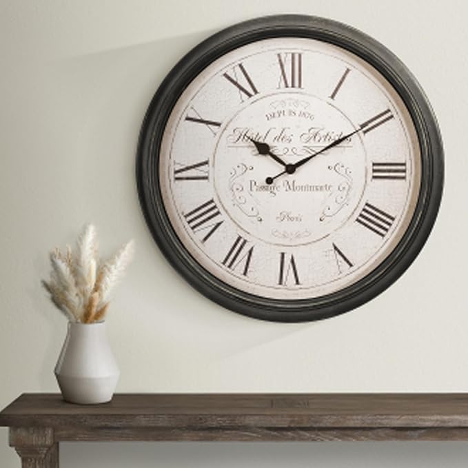Extra Large Wall Clock, 30 Inch, Brown White, Silent Non-Ticking Quartz Movement, Battery Operated, Decorative Roman Numeral, Stylish Clock Living Room, Office, Home Decor