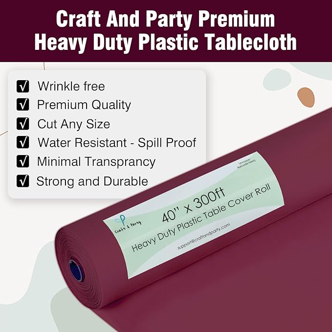 Craft And Party Burgundy Plastic Table Cover Roll, 40Inch X 300Feet Disposable Plastic Tablecloth, Banquet Rectangle Tablecover Roll