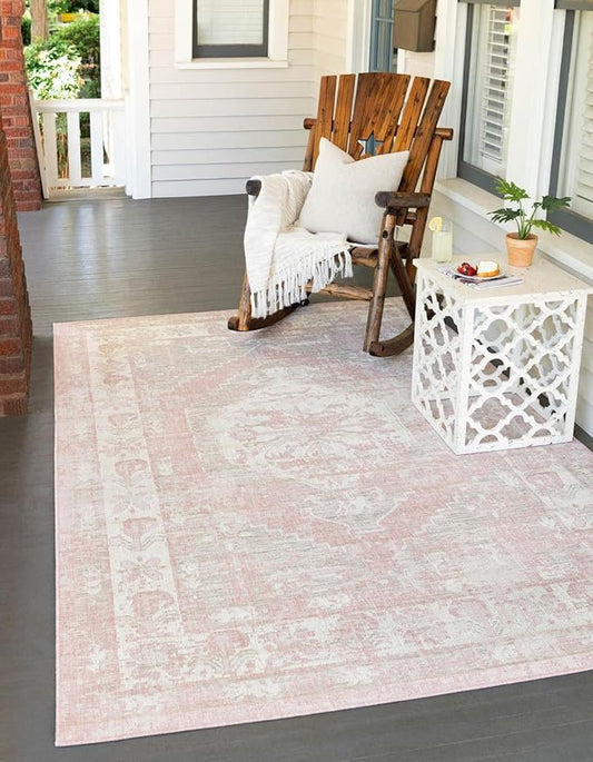 Unique Loom Outdoor Traditional Collection Area Rug - Valeria (10' x 14' 1" Rectangle, Pink/ Ivory)