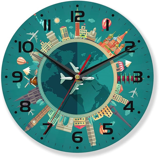 Wall Clock,Landmarks Wooden Art Hanging Clocks Silent Non-Ticking Wall Clock Battery Operated Round Home Arabic Numeral Decorative Wall Clocks 10 Inch