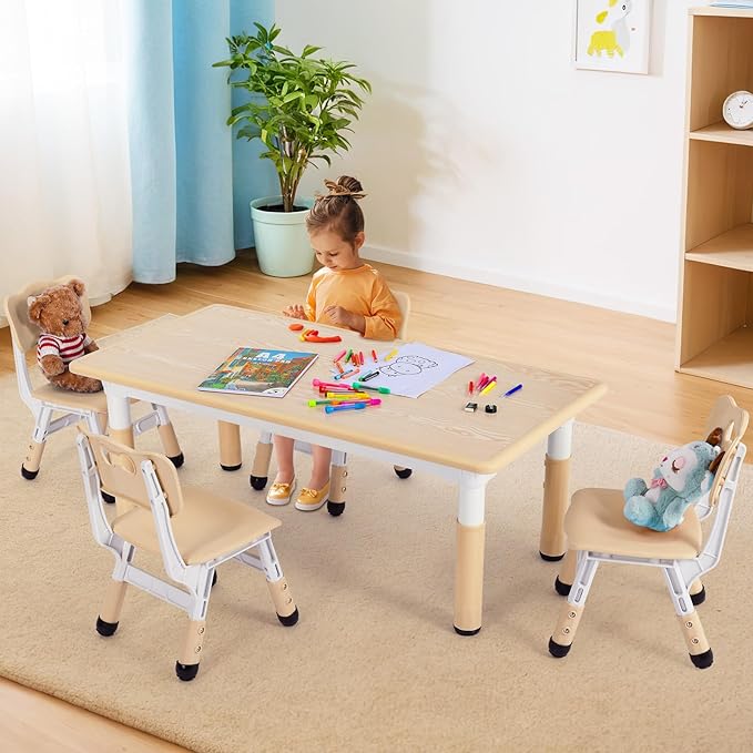 Arlopu Kids Table and 4 Chair Set, Height Adjustable Toddler Table and Chair Set, Non-Slip Legs, Graffiti Desktop, Large Children Activity Table, Reading Daycare Classroom Home (Beige)