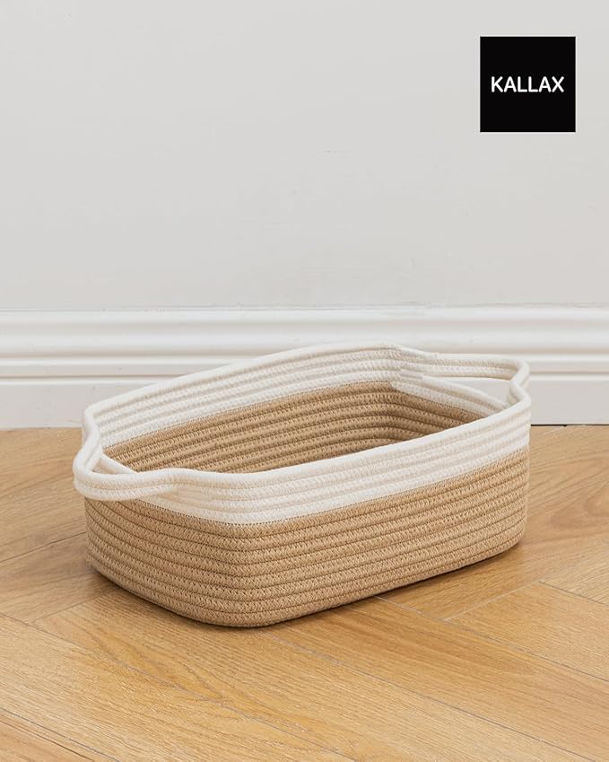 KALLAX Small Woven Basket, 12 x 8 x 4.5 Inches, Small Storage Baskets for Organizing, Gift Baskets Empty, Cute Rope Shelf Closet Storage Bins for Shelves, Dog Toy Basket, White & Brown